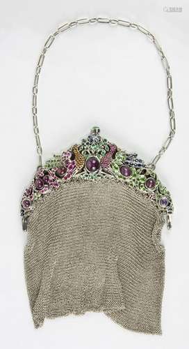 Multi-stone, silver mesh purse