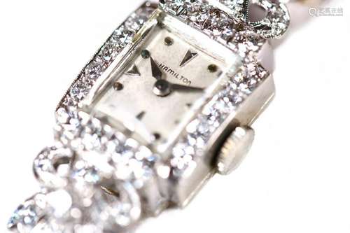 Lady's diamond, 14k white gold Hamilton wristwatch