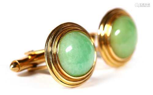 Pair of Gump's jadeite, 14k yellow gold cufflinks