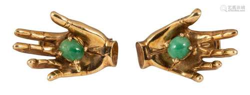 Pair of emerald, 14k yellow gold hand cufflinks