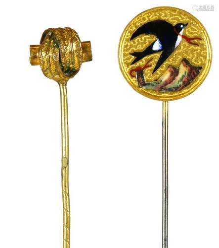 (Lot of 2) Stanhope, enamel, metal erotic stickpins