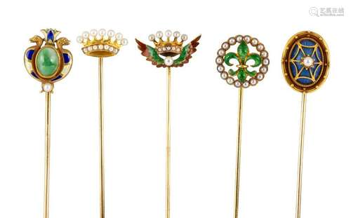 (Lot of 5) Enamel, pearl, yellow gold stickpins