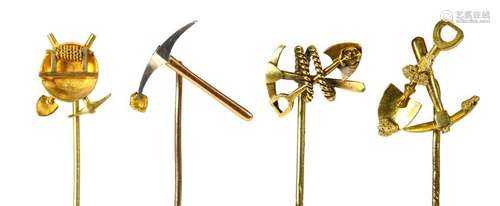 (Lot of 4) Yellow gold, platinum mining stickpins