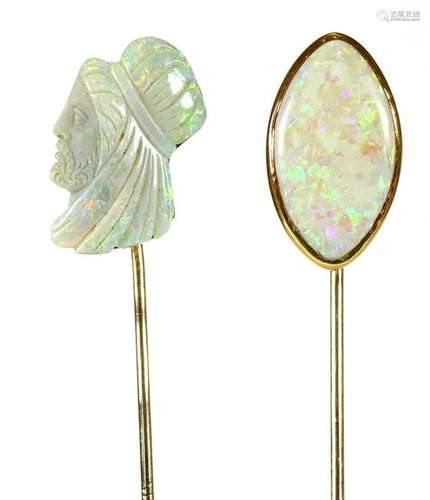 (Lot of 2) Opal, 14k yellow gold stickpins