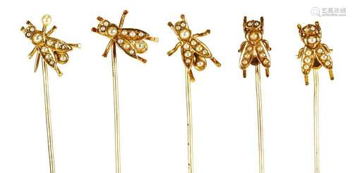 (Lot of 5) Seed pearl, 14k yellow gold fly stickpins