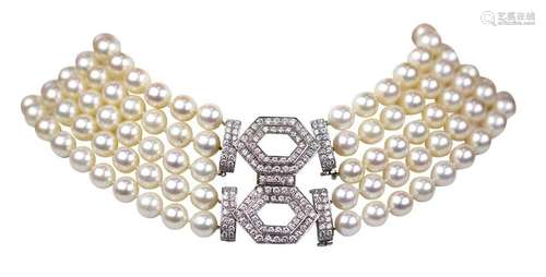 Cultured pearl, diamond, and white gold multi-strand