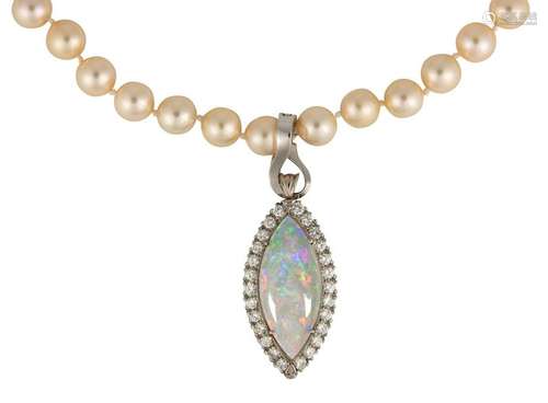 Opal, diamond, cultured pearl, 14k gold necklace