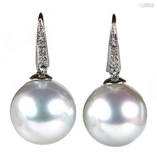 Pair of South Sea cultured pearl, diamond, 14k white