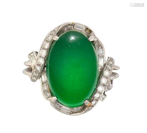 Jadeite, diamond and platinum ring