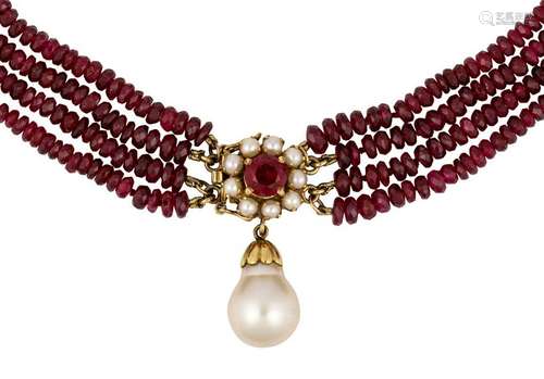 Spinel, cultured pearl and 14k yellow gold necklace