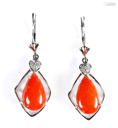 Pair of coral, diamond and 14k yellow gold earrings