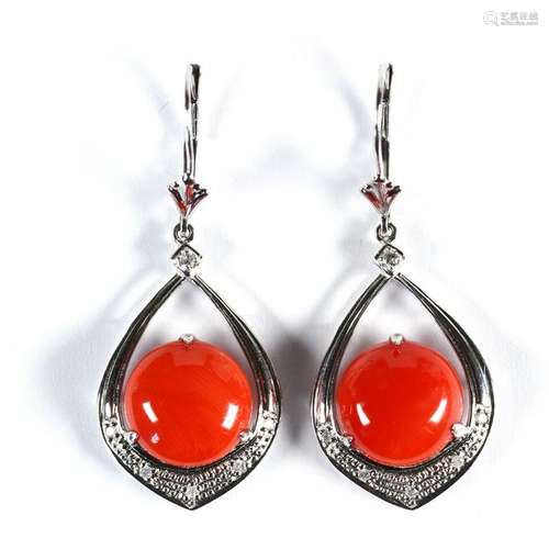 Pair of coral, diamond and 14k white gold earrings