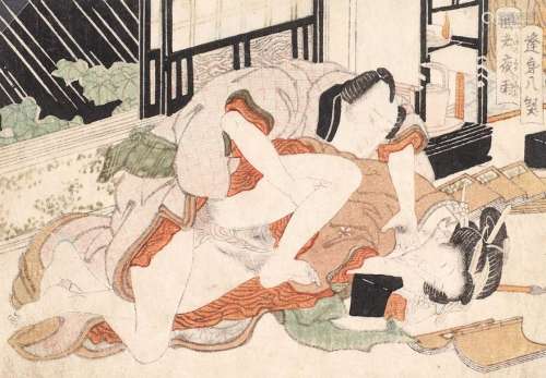 Shunga woodblock depicting a passional couple, ca …