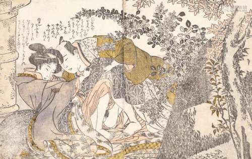 Shunga woodblock depicting a couple covered in tra…