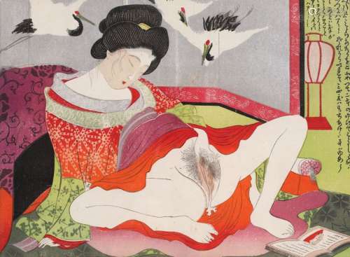 Shunga woodblock depicting a young woman ecstatic,…