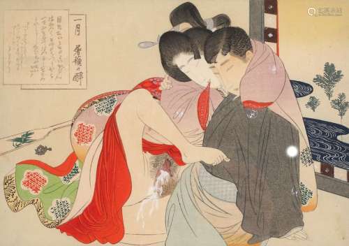Shunga woodblock depicting a couple in an erotic e…
