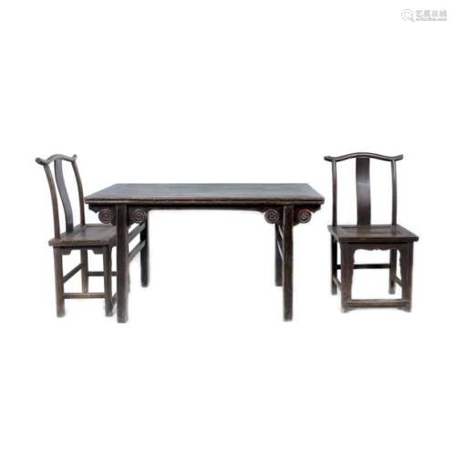 Scholar's studio exotic wood table and two chairs,…