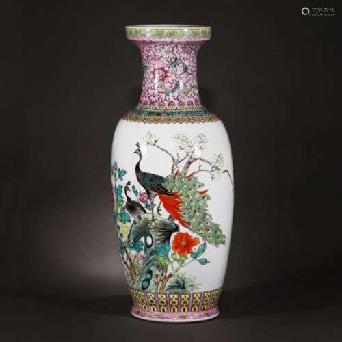 Grandiose porcelain vase decorated with peacocks a…