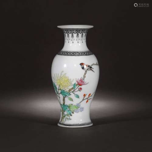 Porcelain vase decorated with birds and chrysanthe…