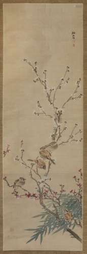 Sparrows and cherry tree flowers