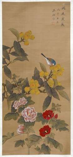 Japanese pears, peony and birds