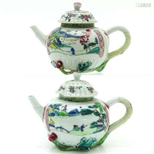 Two Chinese Famille Rose Applied Teapots