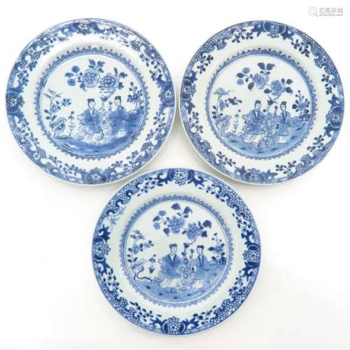 Three Chinese Blue and White Plates