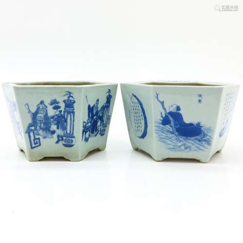 Two Chinese Blue and White Cachet Pots