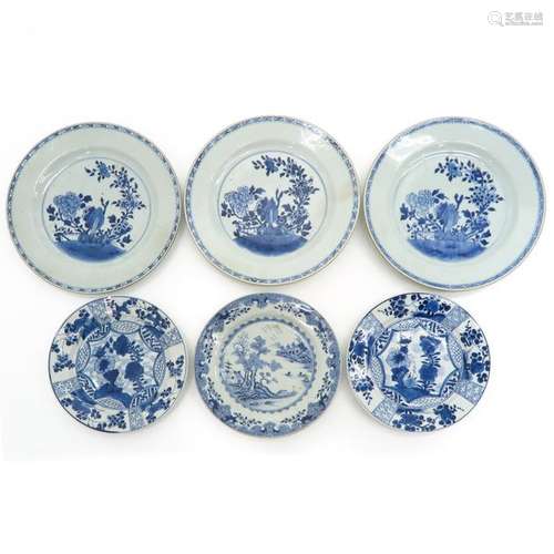 A Collection of Six Blue and White Plates