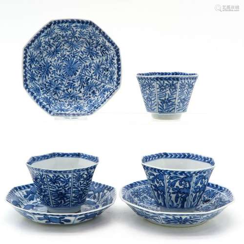 Three Chinese Blue and White Cups and Saucers