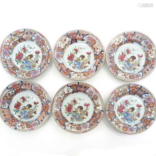 A Series of Six Famille Rose Cockerel Plates