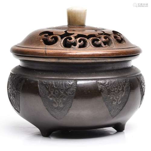 A Chinese Bronze Censer with Wood Cover