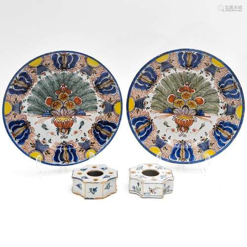 Two 18th Century Delft Plates and Ink Wells