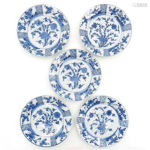 Five Chinese Blue and White Plates