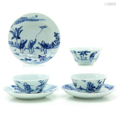 Three Chinese Blue and White Cups and Saucers