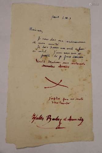 Lettre manuscrite de Barbey D'Aurevilly.