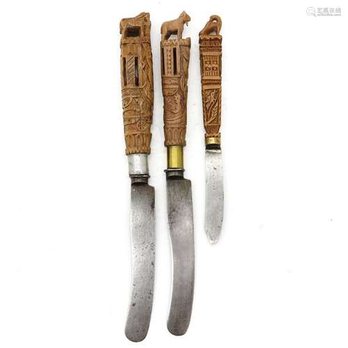 Three Knives with Carved Wood Handles