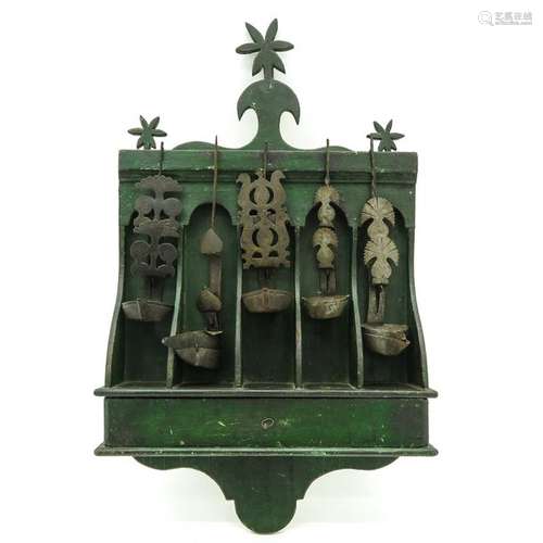 19th Century French Rack with Five Cast Iron Oil L…