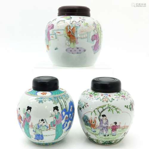 Three Chinese Famille Rose Ginger Jars