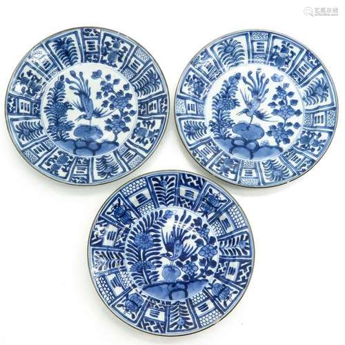 Three Chinese Blue and White Plates