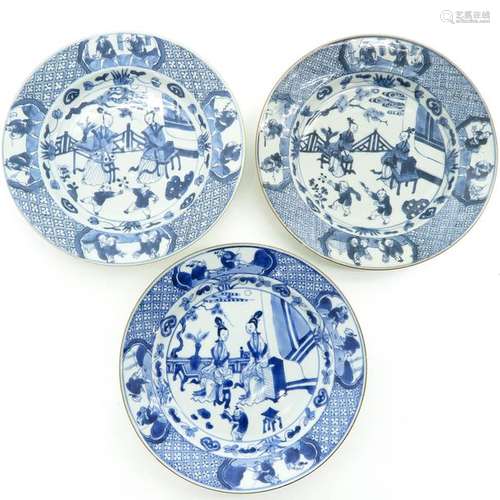 Three Chinese Blue and White Plates