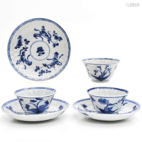 Three Chinese Blue and White Cups and Saucers