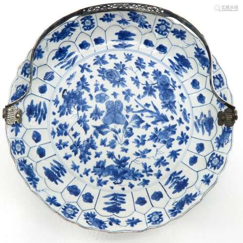 A Chinese Blue and White Plate with Silver Handle