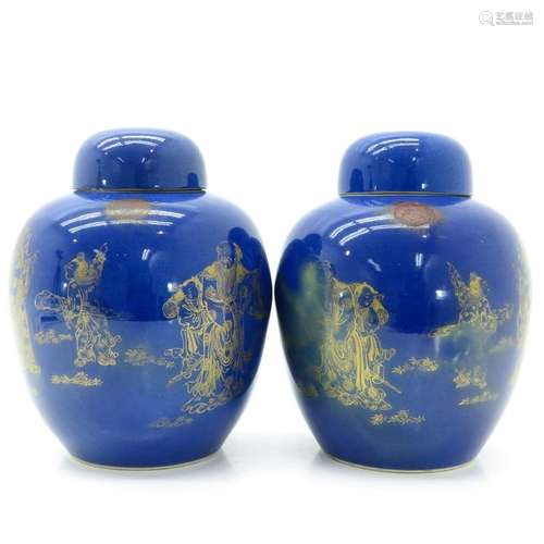 Two Chinese Powder Blue and Gilt Ginger Jars