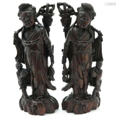 A Pair of Chinese Carved Wood Figures