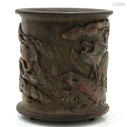 A Chinese Carved Wood Brush Pot