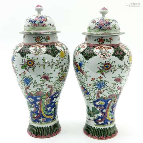 A Pair of Famille Rose Covered Vases