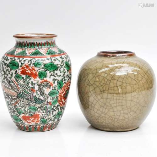 A Chinese Celadon Vase and Famille Verte Vase