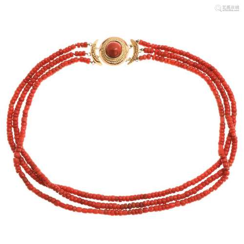 Three Strand 19th Century Red Coral Necklace 14KG …