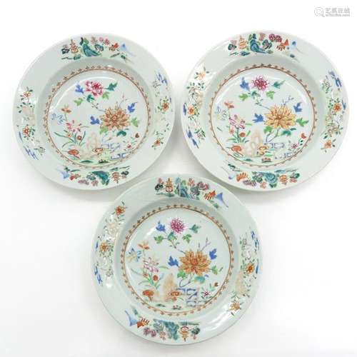 Three Chinese Famille Rose Plates